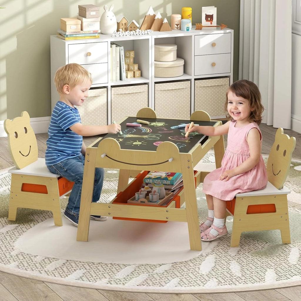 Set Tavolo e 2 Sedie per Bambini, 5 in 1 Tavolino e Sedie con 4 Ganci, 3 Scatole in Tessuto e Lavagna Reversibile per Bambini 3+ Anni per Cameretta Ragazzi (Naturale, Stile 5)