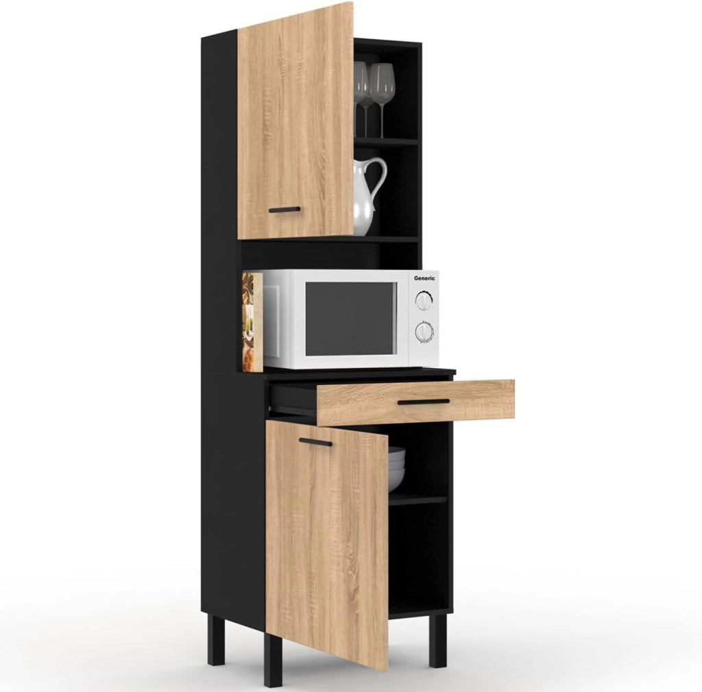 Comò da cucina CINA 60 CM 2 ante + cassetto look nero e faggio