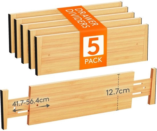 Set di divisori di carico 5 pezzi in bambù naturale, divisori di carico regolabili per altezza 12,7 cm e larghezza 41,7-56,4 cm, sistema di archiviazione per cucina, armadi e scrivanie
