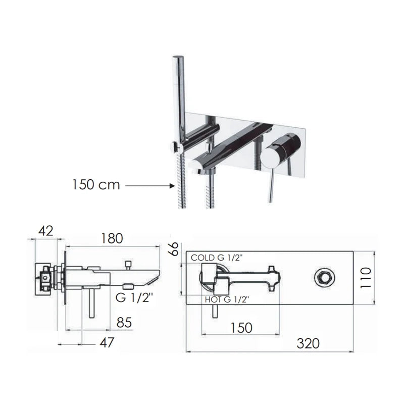 Rubinetto per vasca da incasso, deviatore e kit doccia integrato serie minimal