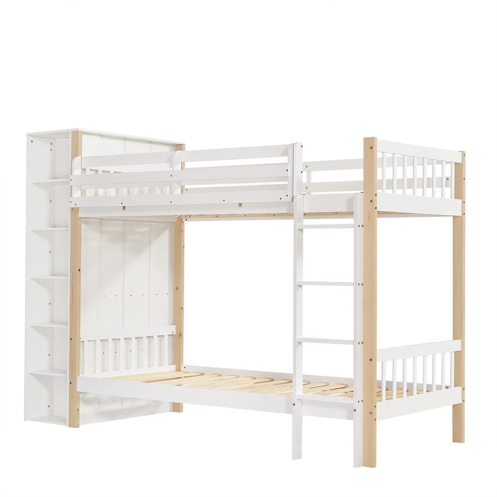Letto a Castello Bambini con Armadio e Ripiani ¨C MINIMAL ¨C Pino+PB, Bianco/Naturale, 90x200cm
