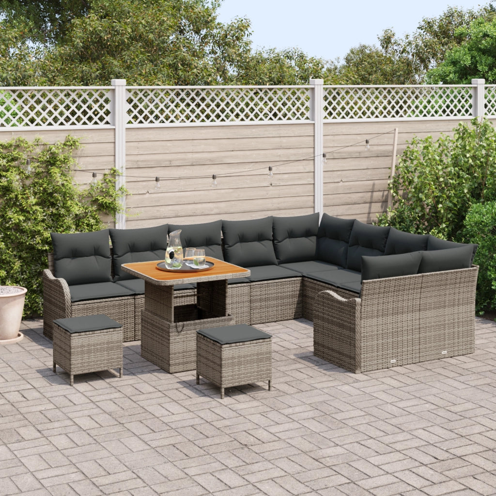 Set di divani da giardino  con cuscini grigi in polyrattan e acacia - 12 pezzi