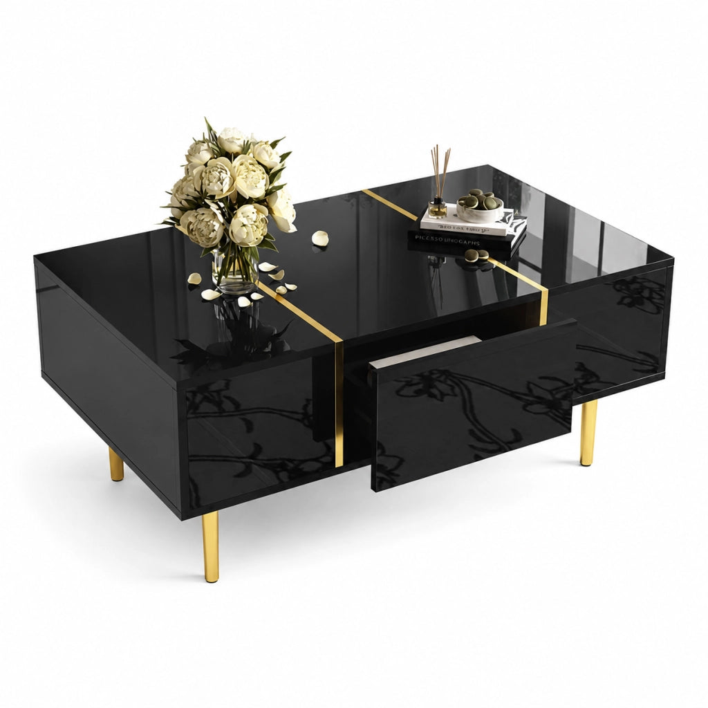 Tavolino da salotto 100x60x41.5 cm; finitura lucida con 2 cassetti; MDF nero