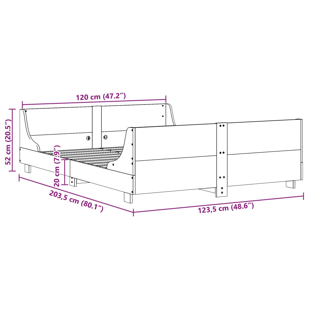 Letto matrimoniale | Letto per adulti | Letto senza Materasso 120x200 cm in Legno Massello di Pino