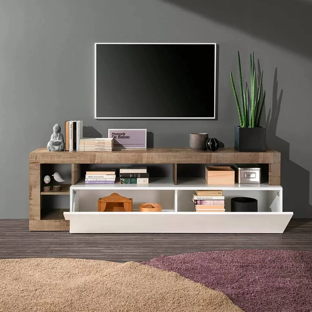 Mobile porta TV 0, Credenza moderna a ripiani, Mobile da soggiorno con rimbalta e vani a giorno, Made in Italy, Cm 184x58h42, Bianco e Pero