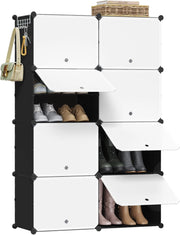 Scarpiera da Ingresso, Porta Scarpe con 8 Scomparti, Scarpiera Modulare per 32 Paia di Scarpe, Contenitore per Scarpe con Porte, in Plastica e Metallo, Bianco + Nero, 35x35x45cm/Scomparto
