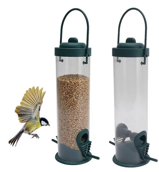 Dispensatore di cibo per uccelli resistentente all'usura - Forma tubolare - Posizionamento appeso - Stazione di alimentazione sicura per scoiattoli - Materiale plastico - Visibile in trasparenza per monitoraggio facile - Casa di alimentazione