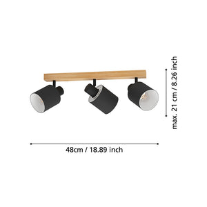 Plafoniera Industrial Batallas 3 Luci Legno Marrone E Nero