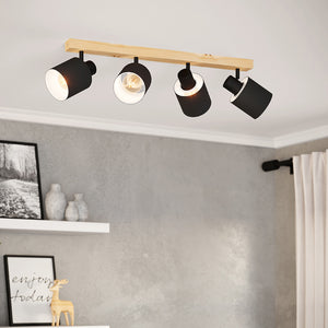 Plafoniera Industrial Batallas 4 Luci Legno Marrone E Nero