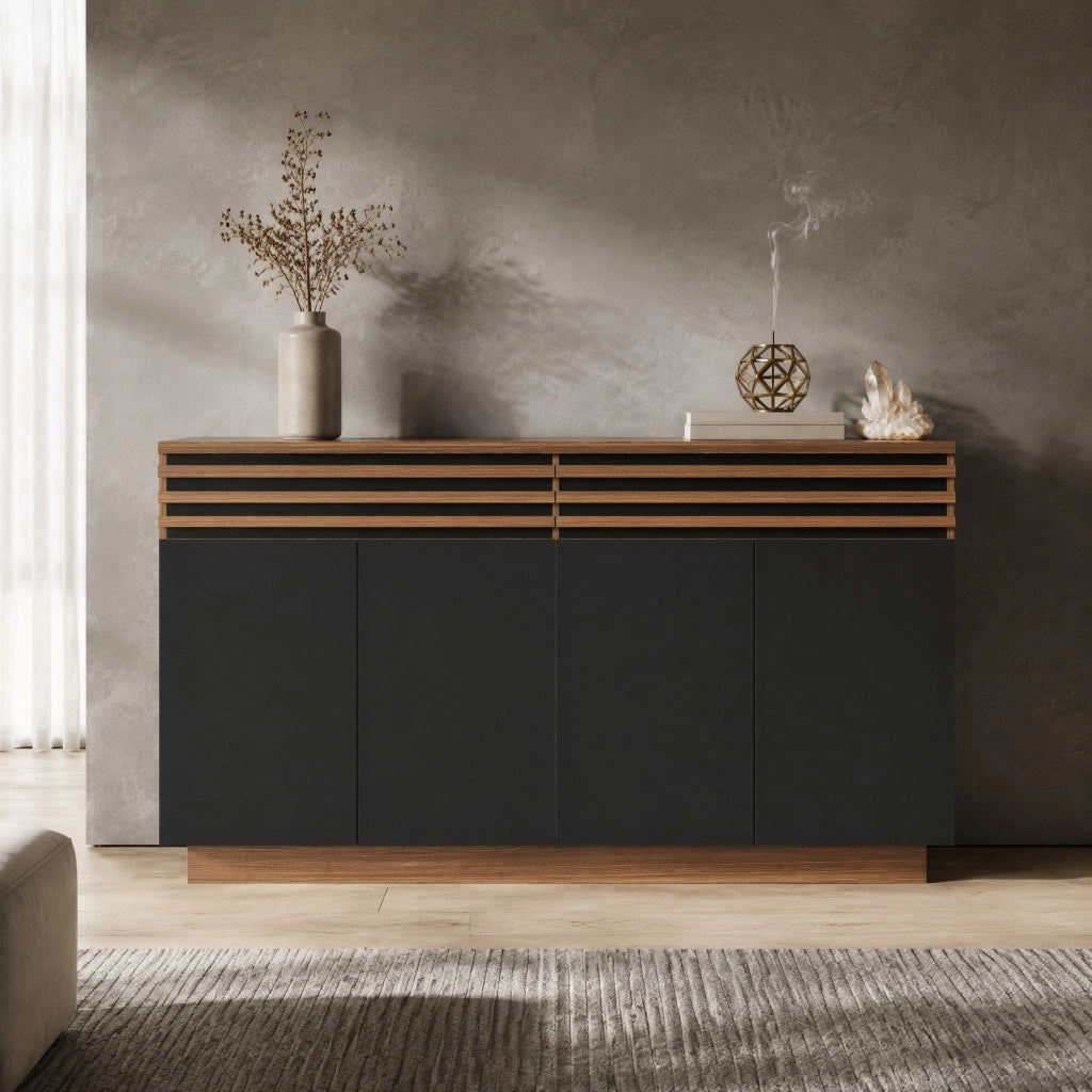 Credenza moderna in MDF 150 x 40 x 85 cm; effetto legno marrone e ante nere