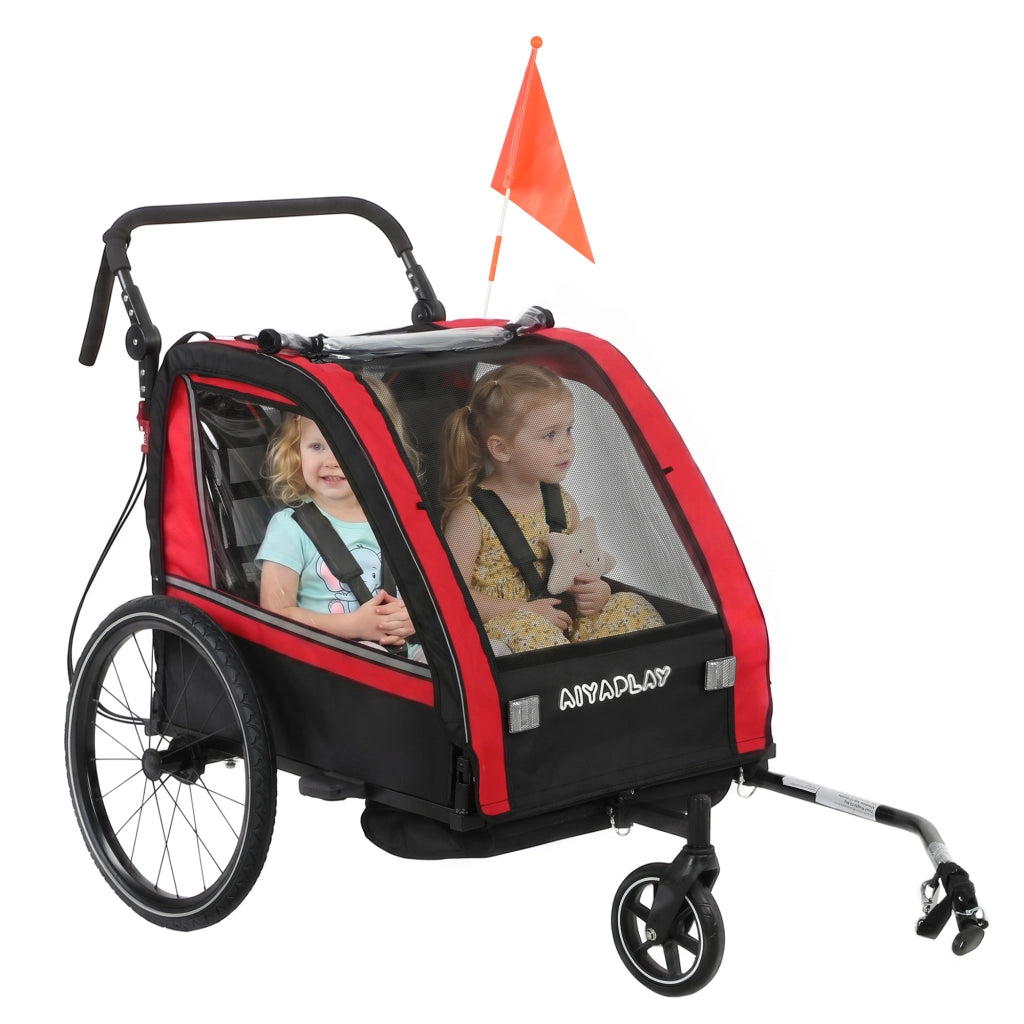 Rimorchio bici per bambini 2 in 1 ¨C Xylo ¨C passeggino 2 posti con freno a mano, rosso