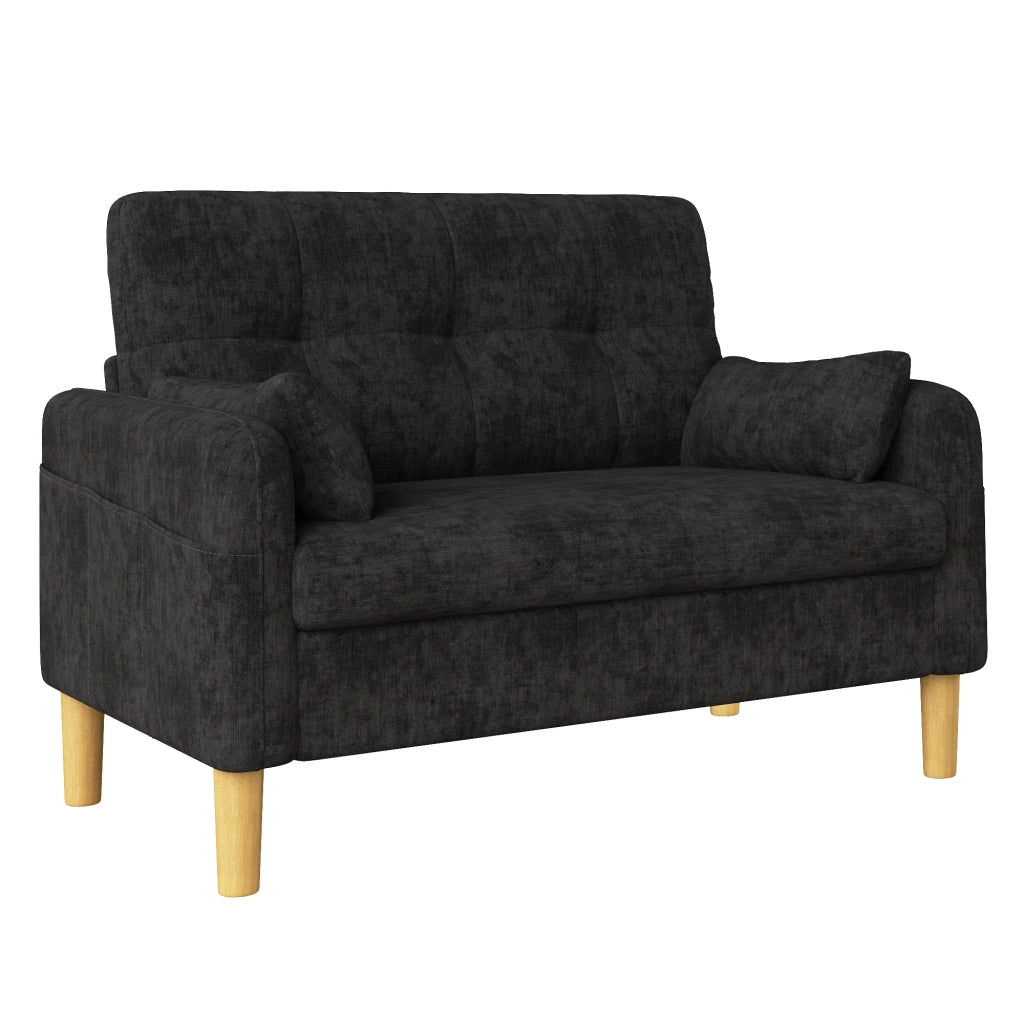 Moderno divano a due posti con cuscini spessi e morbidi, 2 cuscini decorativi e una tasca laterale portaoggetti, ideale per soggiorni, camere da letto
