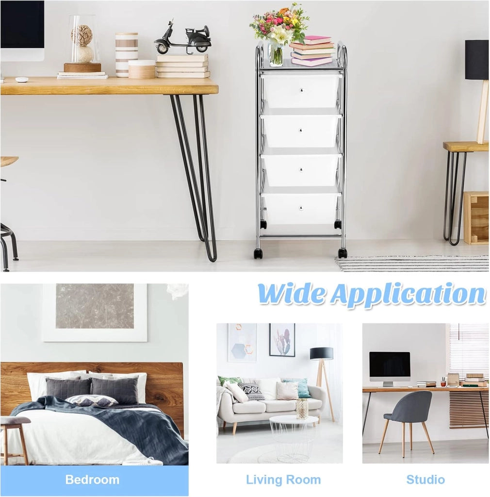 Carrello portaoggetti a 4 cassetti removibili in plastica, tornio portaoggetti con ruote in metallo con struttura a rotelle, organizer per ufficio, camera da letto, bagno (trasparente)