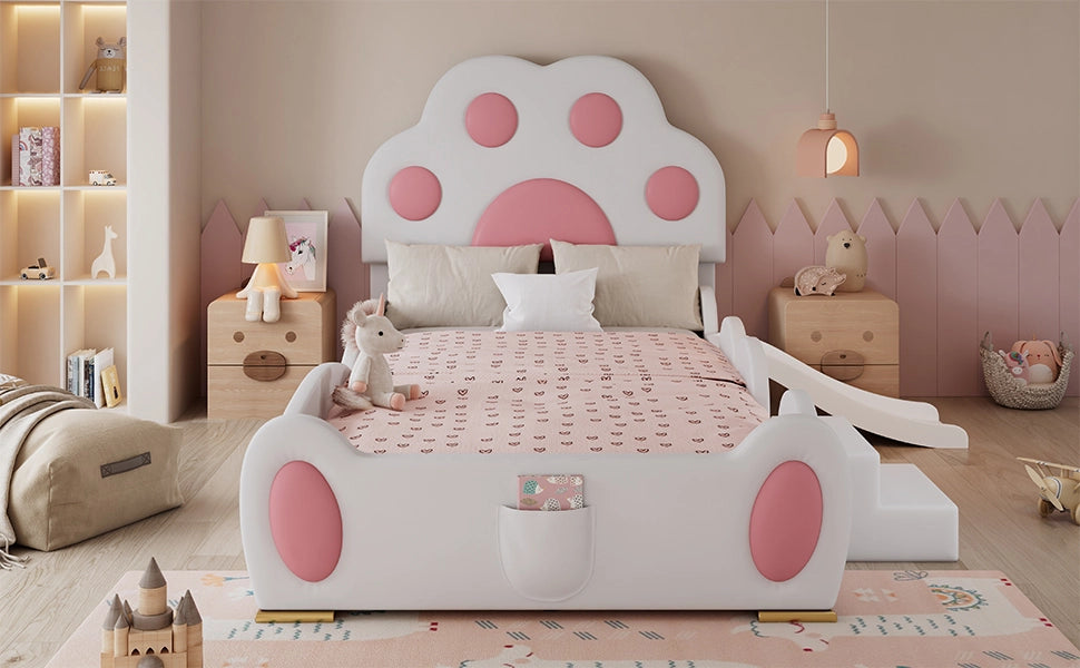 DESMIU Letto per bambini 90 × 200 cm con scivolo, scala a 2 gradini e tasca, senza materasso, in PU, bianco e rosa