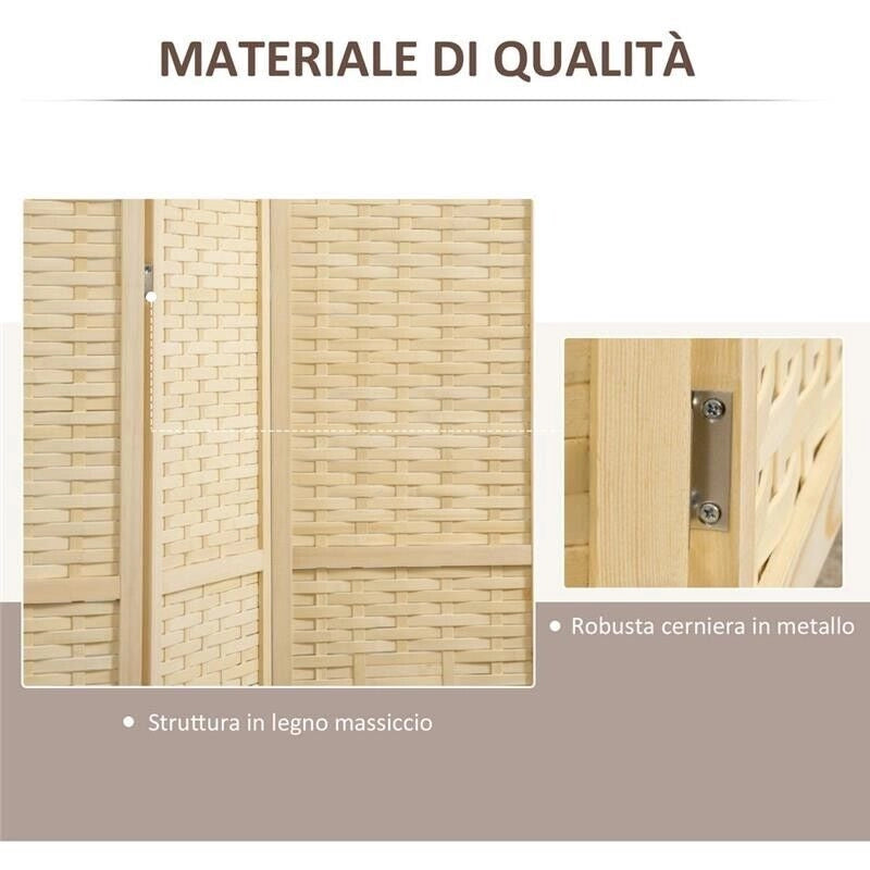PARAVENTO PIEGHEVOLE  DA INTERNO A 4 ANTE IN LEGNO E BAMBÙ H 170 CM NATURALE