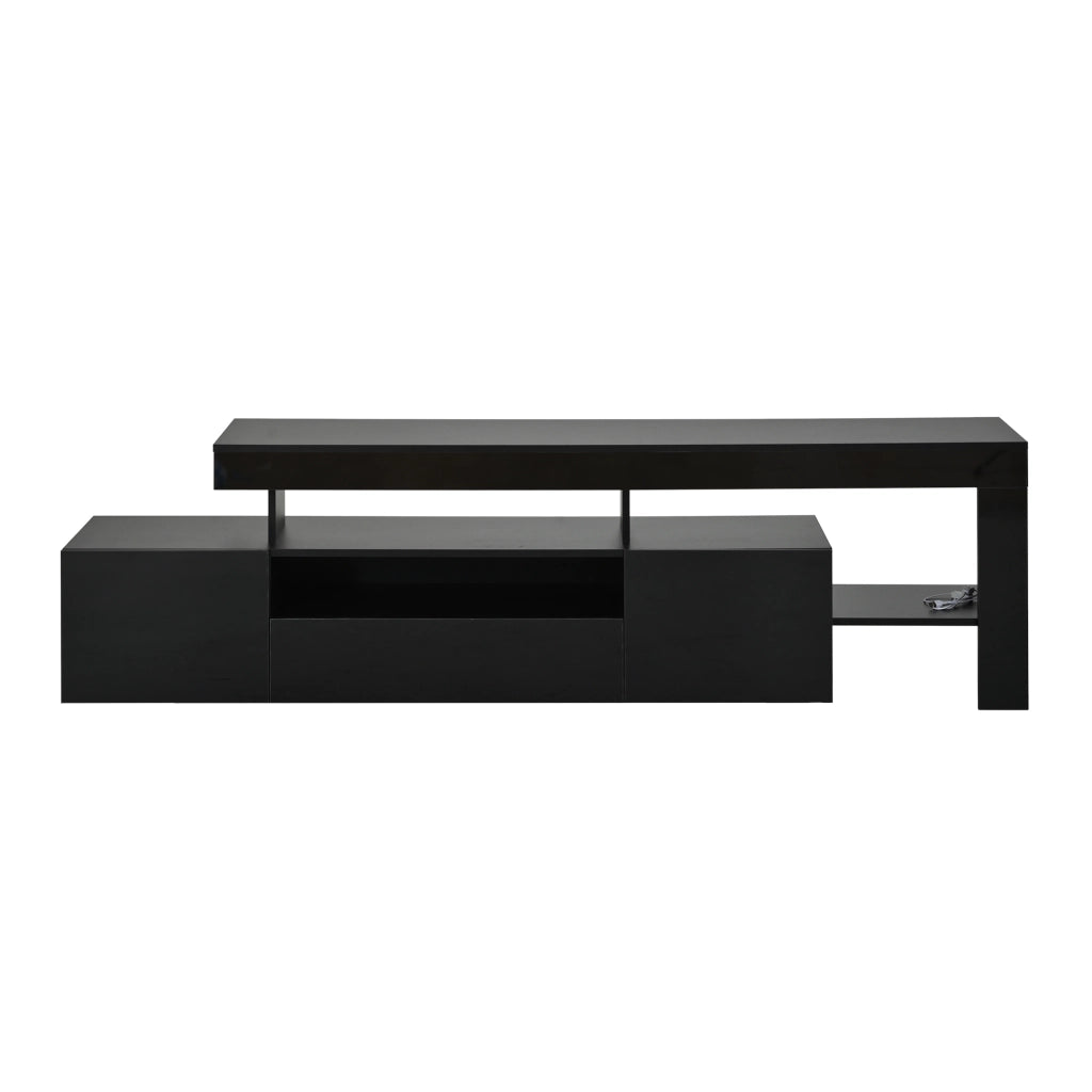 Mobile TV lucido nero 192x37x53 cm per TV fino a 85", con 3 ante, LED con controllo da app e ripiani aperti