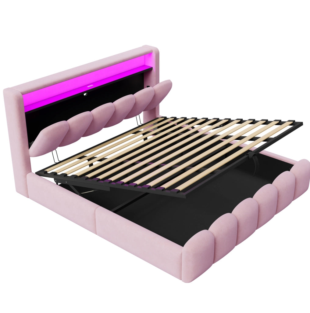 Letto matrimoniale imbottito con contenitore 180x200 cm; USB e Type-C; LED; velluto rosa