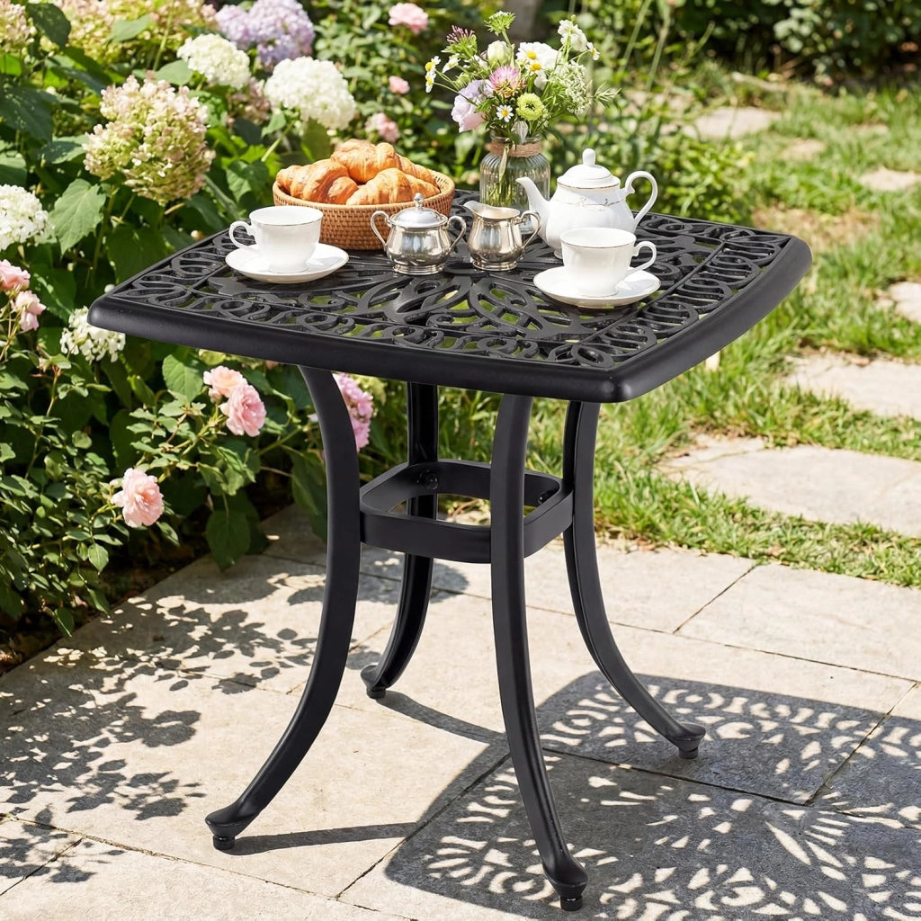 Tavolino da Esterno in Alluminio, con Foro per Ombrellone, Quadrato Antiruggine, per Giardino, Veranda e Balcone, Portata 120 kg
