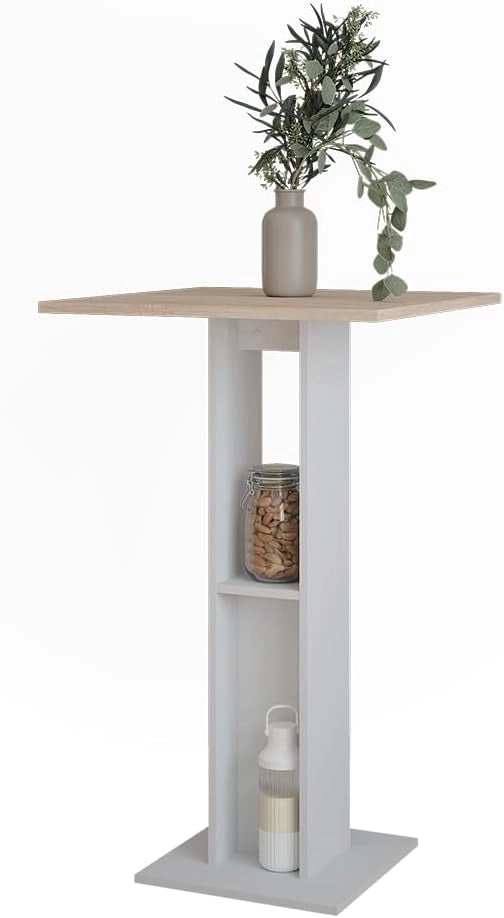 Tavolo da bar Repose, Bianco/Sonoma, 65 x 65 cm, con ripiano laterale per la conservazione di bottiglie e bicchieri