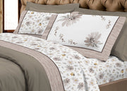 Completo Lenzuola Letto Flanella Calda 100% Cotone Disegno Fiori 8284 - Matrimoniale - Beige
