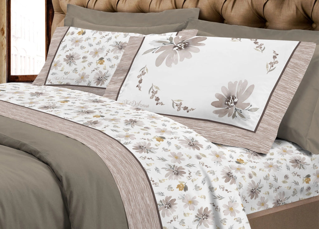 Completo Lenzuola Letto Flanella Calda 100% Cotone Disegno Fiori 8284 - Matrimoniale - Beige