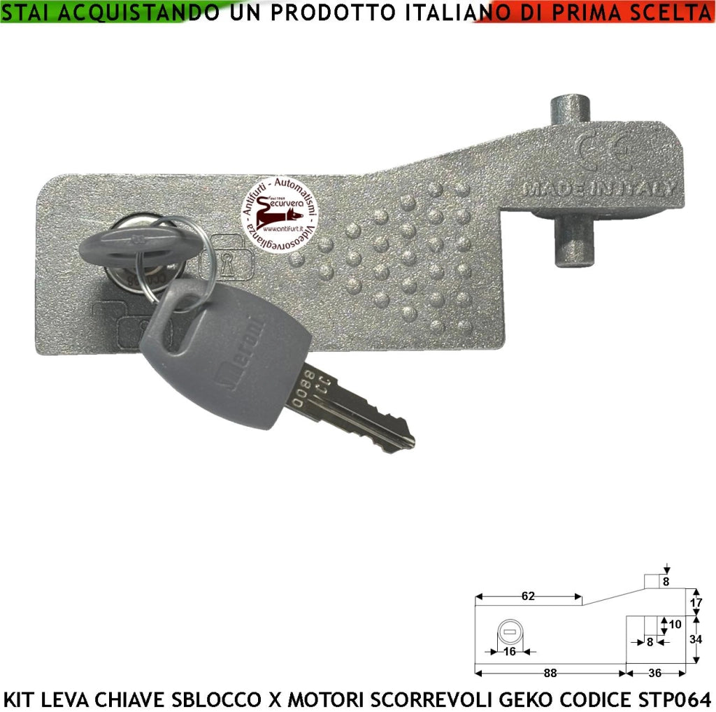 STP064 Kit Leva Sblocco del Motore Geko Montato su Cancello Scorrevole Con 2 Chiavi di Sicurezza a Doppio Profilo Utile Emergenza Per Mancanza di Rete Elettrica Libera L'Anta per Apertura Manuale