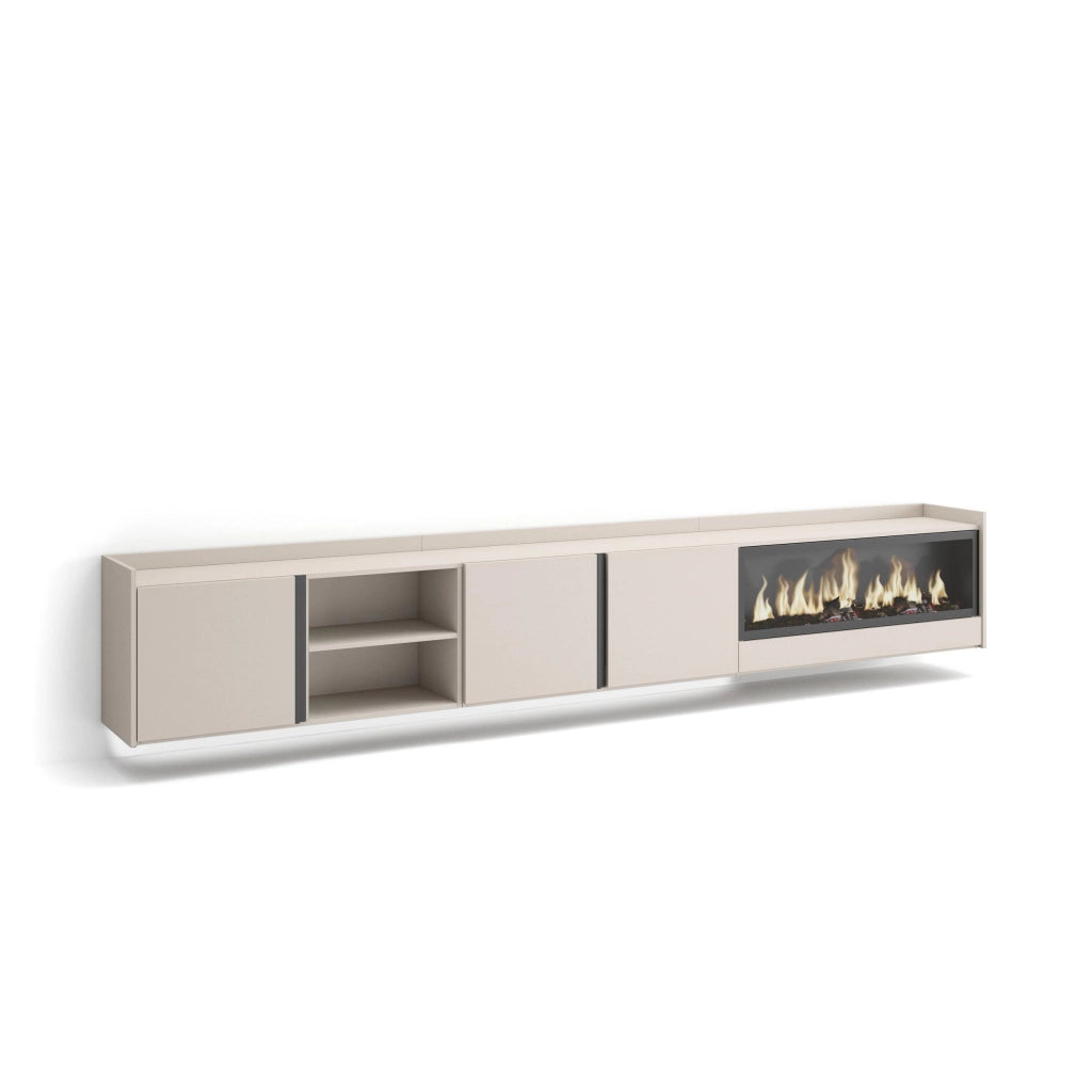Mobile TV Soggiorno, 315x50x35 cm, Per TV fino a 80", Camino elettrico XXL, Sospeso, da appendere, LED, Beige