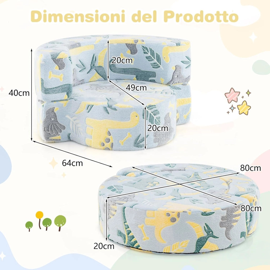 Divano Cuscino per Bambini Pieghevole 2 in 1, Poltrona Schienale Pieghevole per Bambini con Motivi Luminosi nel Buio, Divano Pieghevole per Camera da Letto e Soggiorno (Dinosauro blu)