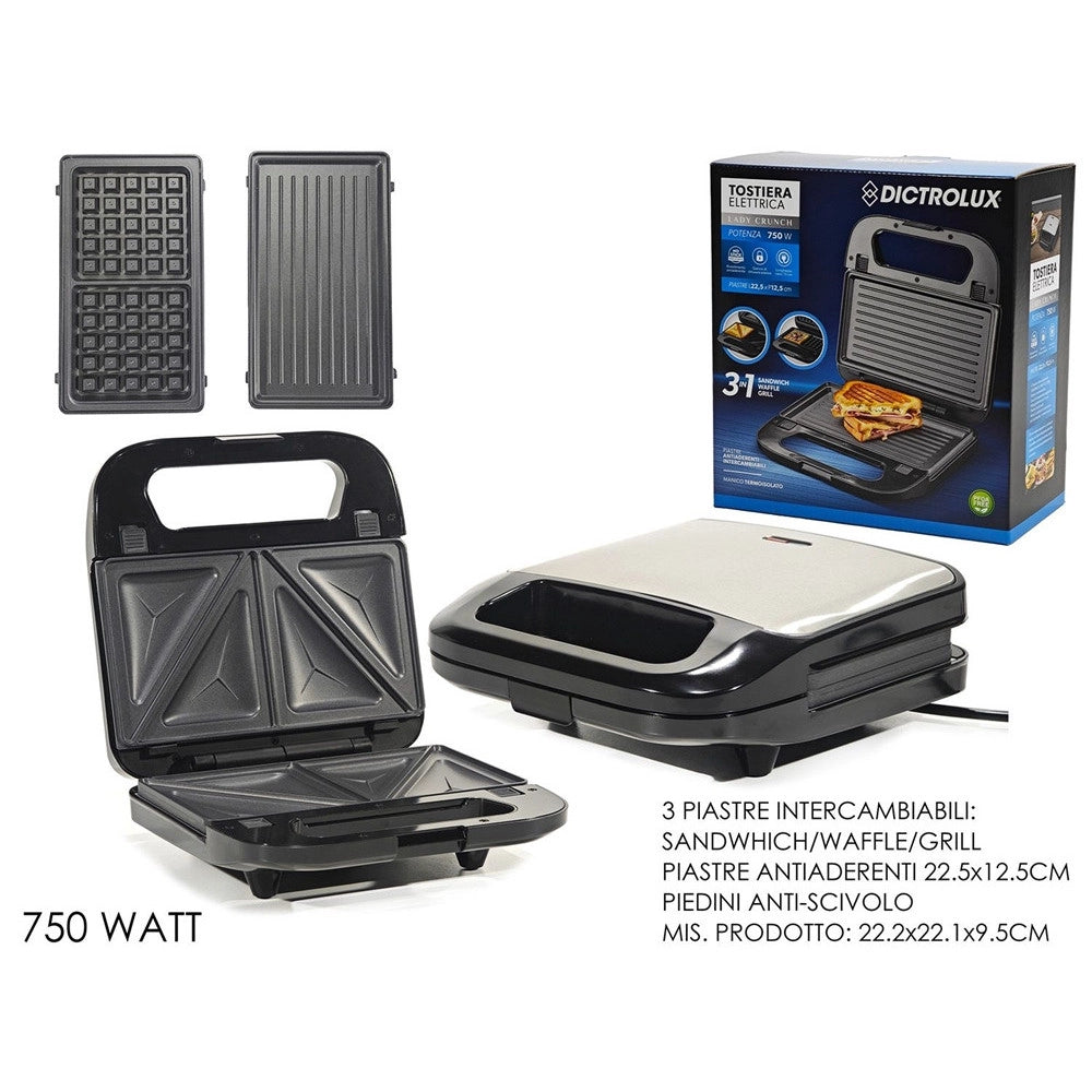 Trade Shop - Piastra Tostiera Elettrica 3in1 Con 3 Piastre Antiaderente Intercambiabili 750w Salvaspazio -