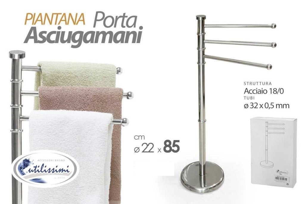Piantana Portasciugamani a 3 Braccia Girevoli in Acciaio Inox 32 x 85 cm
