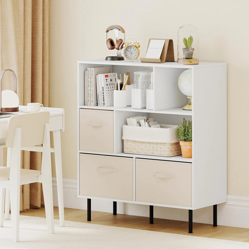 Libreria a 6 Cubi, Scaffale a 3 Livelli con 3 Cassetti in Tessuto Pieghevoli, Organizzatore Autoportante con Gambe in Metallo per Soggiorno, Ufficio, 90 x 40 x 105 cm (Bianco)