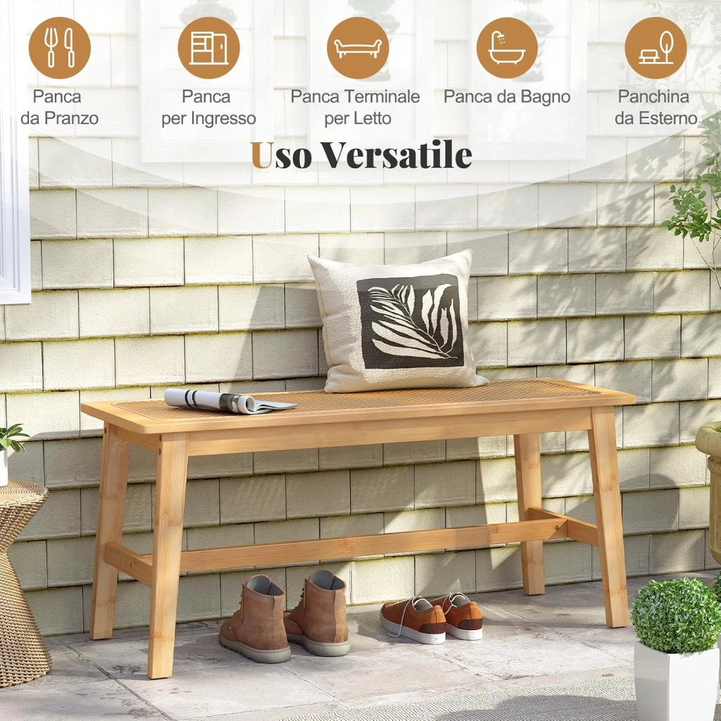 Panca da Pranzo 100 cm in Bambù Naturale, Panchina per 2 Persone con Seduta Rattan Intrecciato a Mano, Panca Stile Fattoria per Cucina, Bagno e Camera da Letto, Sgabello per Scarpe