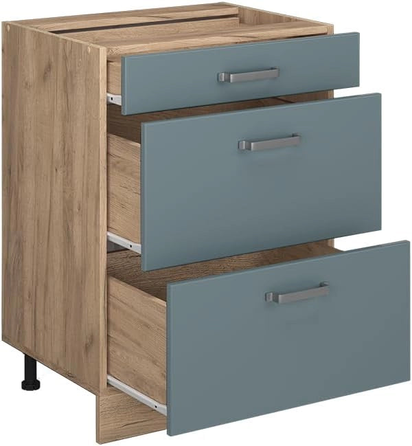 Mobiletto base per cucina R-Line, Grigio-blu, 60 cm con cassetti, senza piano di lavoro, per la libera combinazione all'interno di sistemi cucina modulari