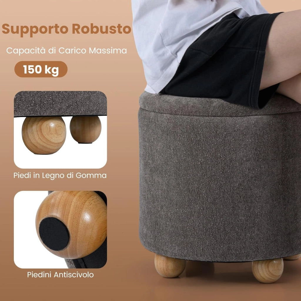 Pouf Contenitore 35 L, Ottomano in Tessuto Ciniglia con Coperchio Rimovibile, Sgabello con Gambe in Legno di Gomma, Portata 150 kg, per Soggiorno e Camera da Letto (Grigio)