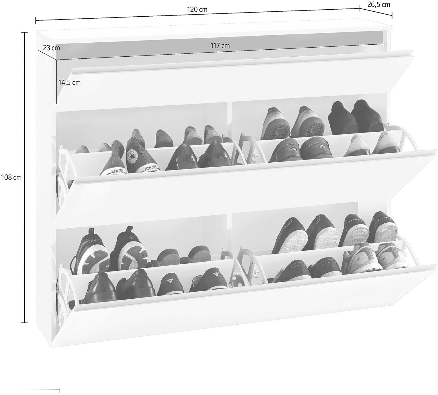 Scarpiera 2 Ante e 1 Antina a Ribalta 120x26,5x108 cm Magic Bianco Lucido