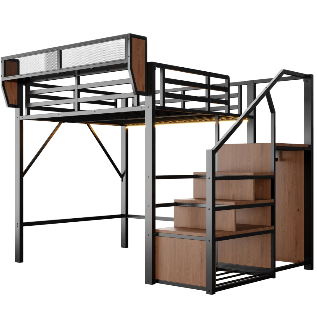 Letto a soppalco ULEVR 140x200 cm con scala di sicurezza, ripiano regolabile e striscia LED multicolore, nero