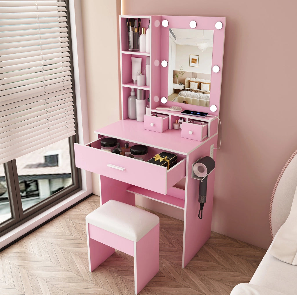Toeletta rosa con specchio LED, presa, cassetti e sgabello