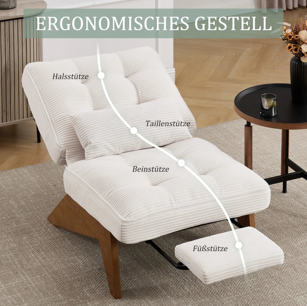Poltrona relax reclinabile in corduroy beige con cuscino lombare e gambe in legno massello