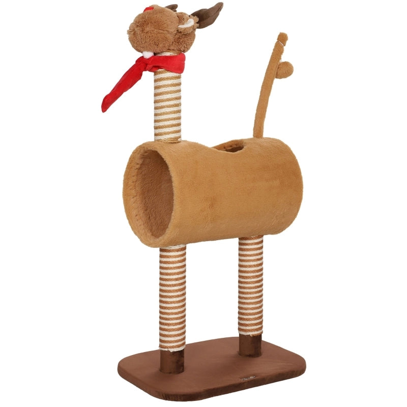 Albero tiragraffi per gatti 98 cm con design cervo, tunnel, palla gioco, marrone