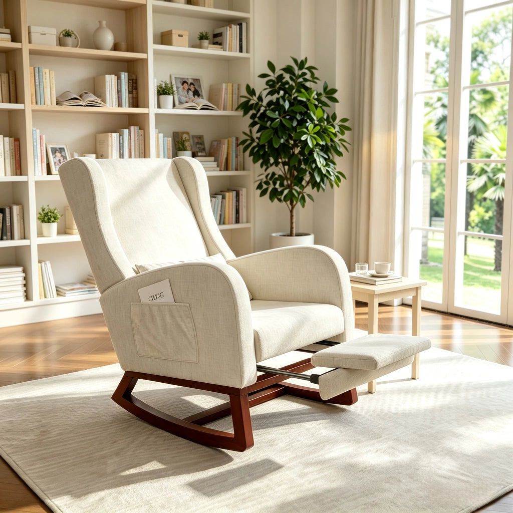 Poltrona relax a dondolo 67x64x99 cm con poggiapiedi; sedia a dondolo da interno per allattamento struttura in legno e velluto opaco; beige