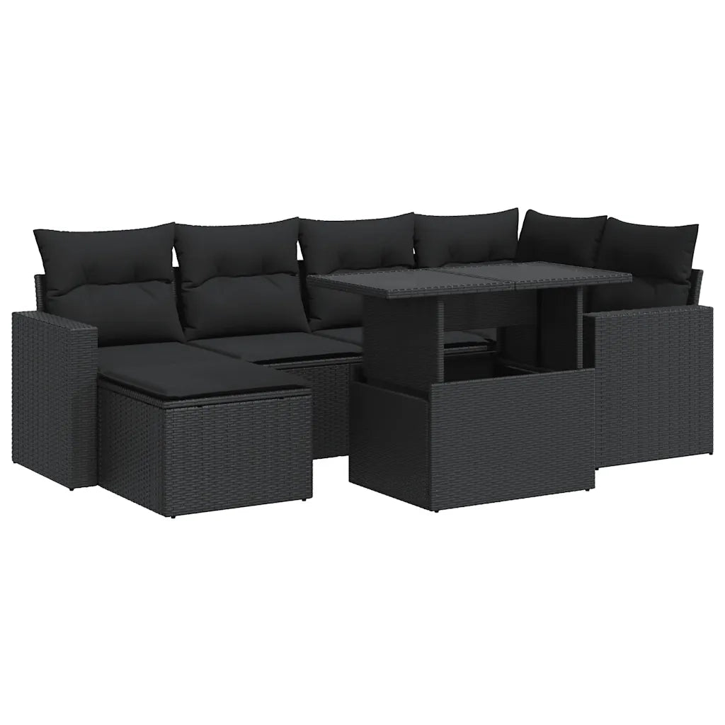 Set Divani da Giardino con Cuscini 7pz Nero Polyrattan