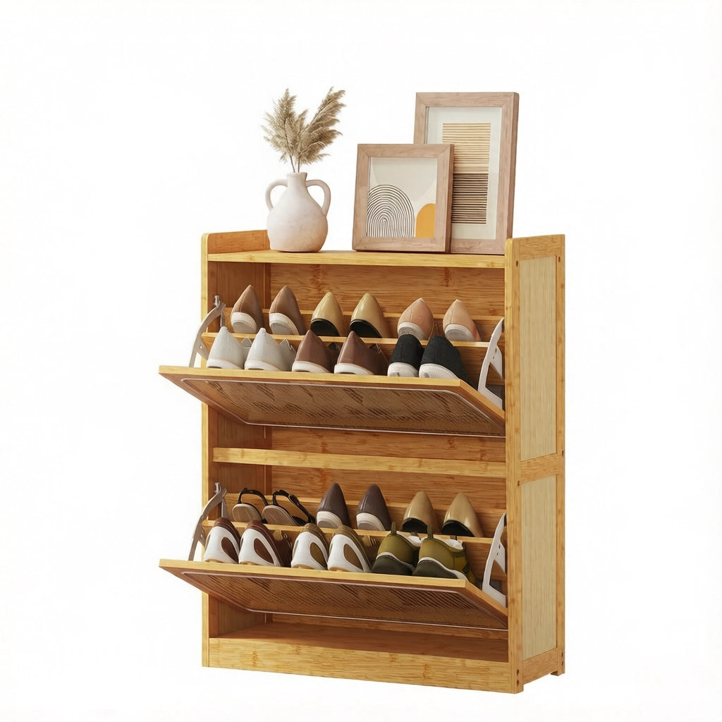 Scarpiera con 2 ante a ribalta e ripiani regolabili, per ingresso, in bambù e rattan sintetico, naturale, 69 × 29 × 83 cm
