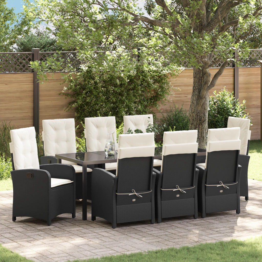 Set da Pranzo da Giardino 9 Pezzi con Cuscini Rattan Polare Nero