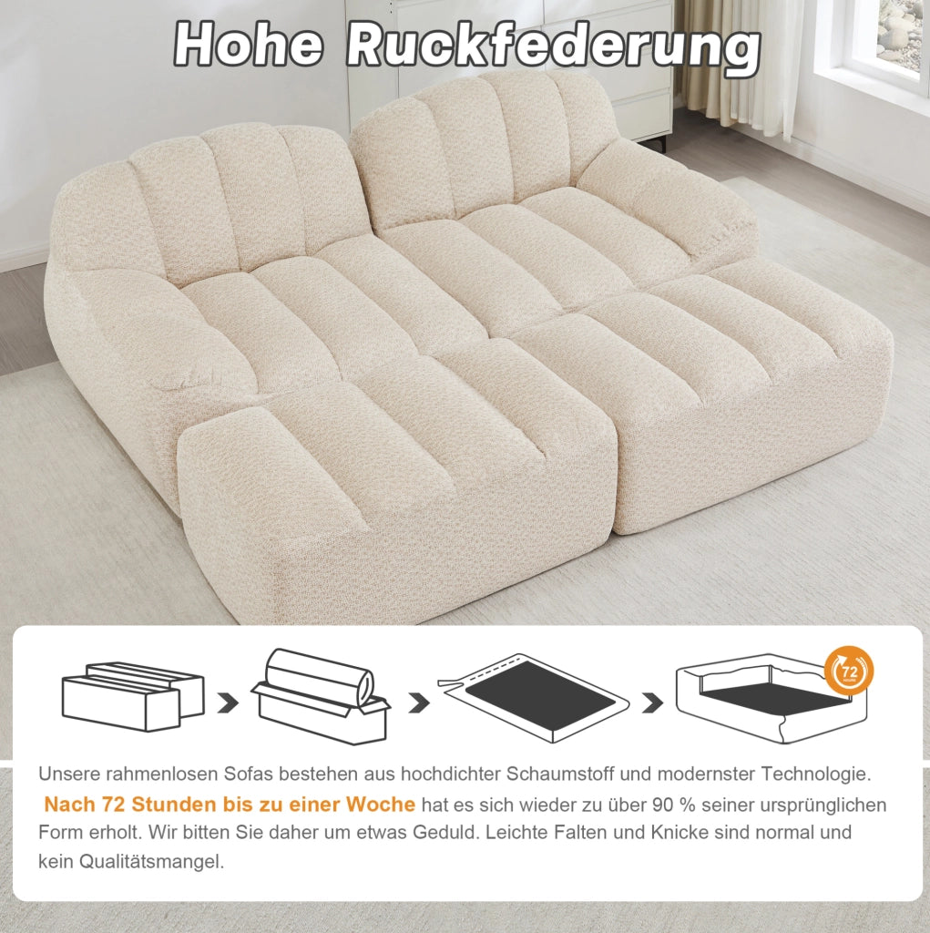 Divano modulare frameless con ottoman 210x165x79 cm in fleece granulare beige white