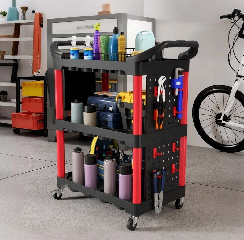 Carrello portautensili a 3 ripiani con pannelli forati, ganci e vaschetta