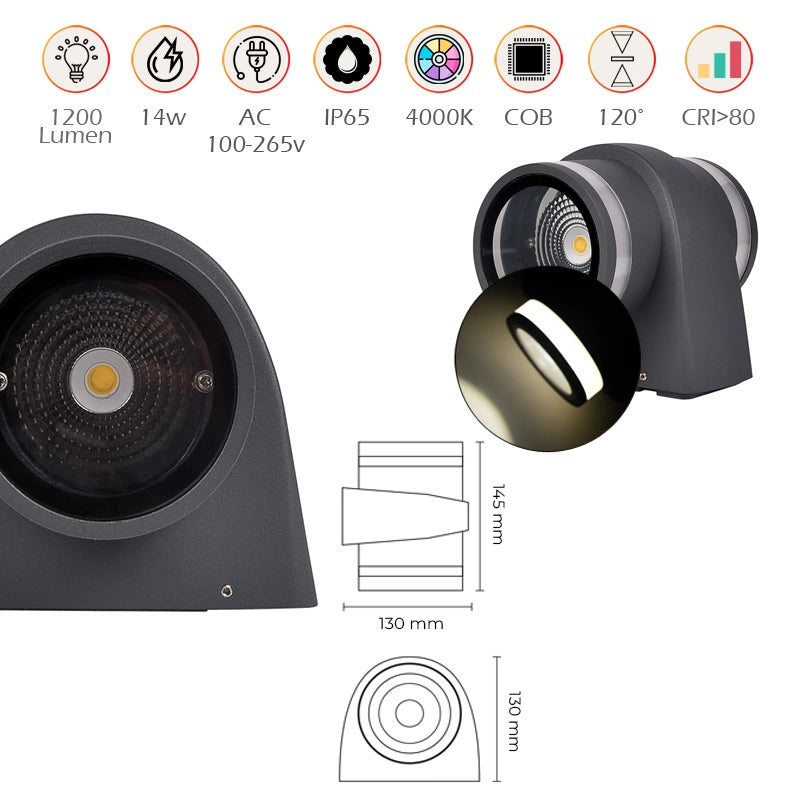 APPLIQUE LED DA PARETE 2x7W GRIGIO CON DOPPIA EMISSIONE A LUCE NATURALE - DESIGN CILINDRICO E ALTA EFFICIENZA ENERGETICA PER ESTERNI