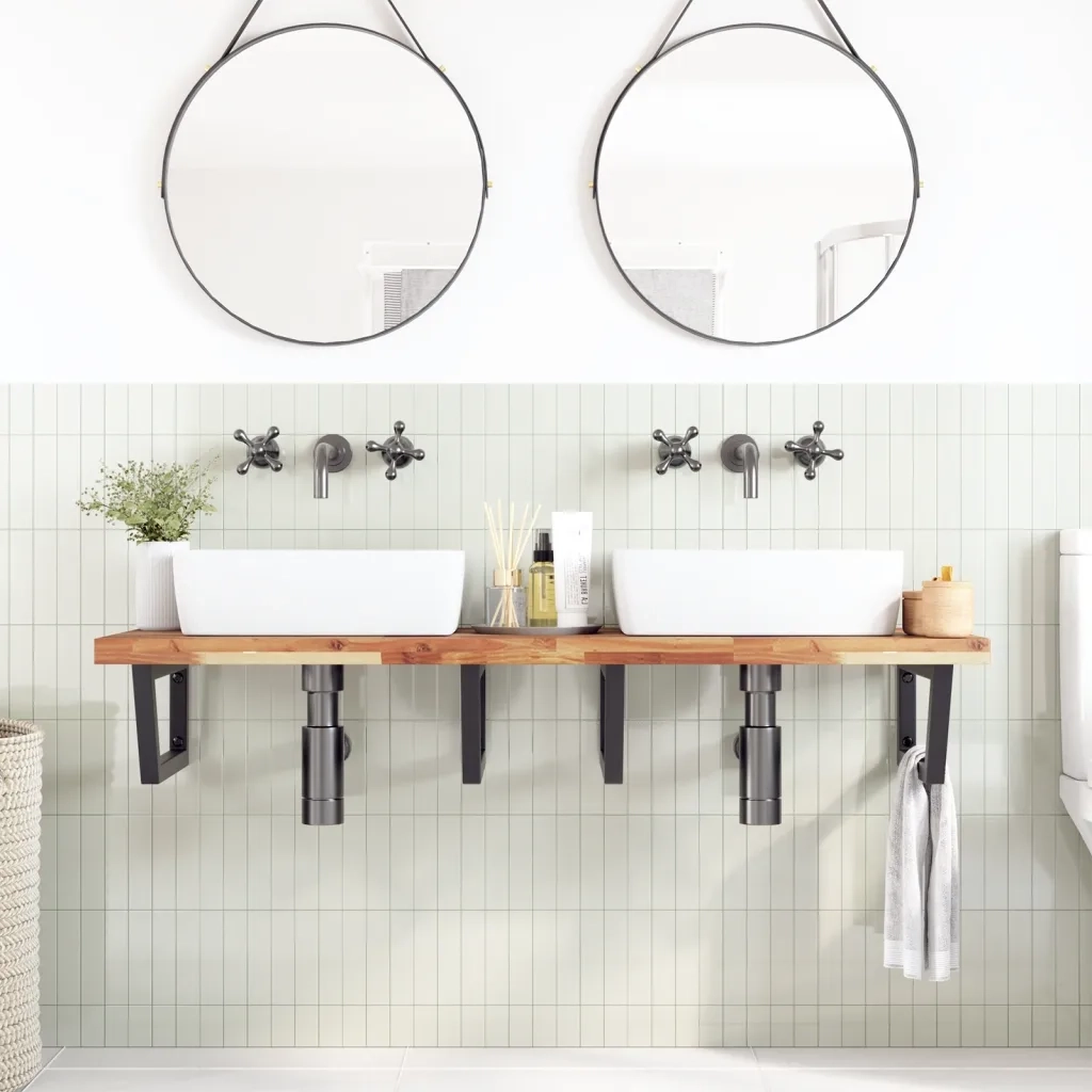 Ripiano a Parete per Lavabo in Acciaio e Massello di Acacia 3302863