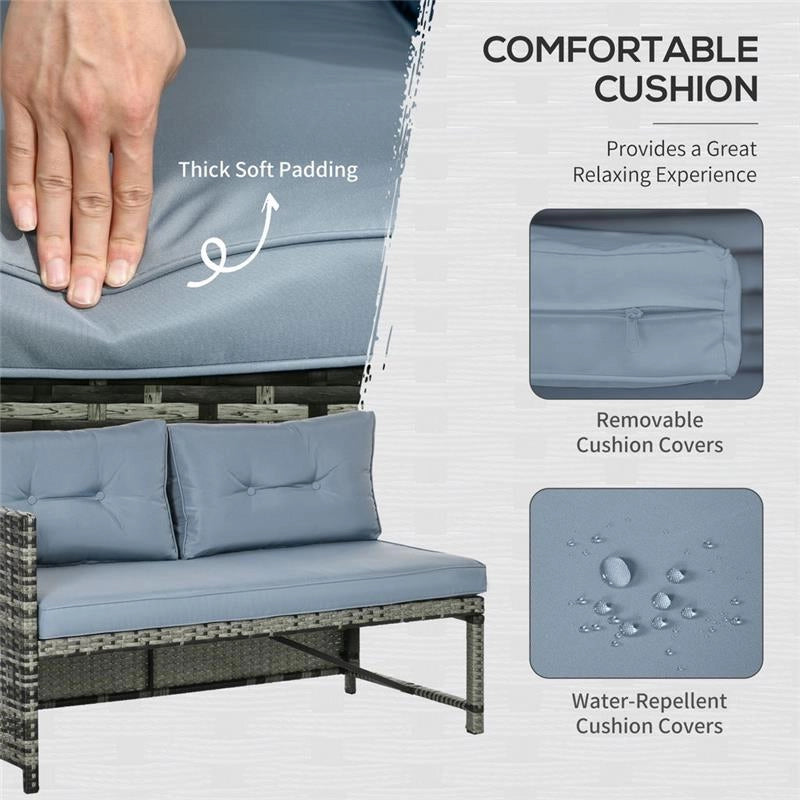 SALOTTO DA GIARDINO CON DIVANETTO CHAISE LONGUE E TAVOLINO IN RATTAN CON CUSCINI GRIGIO