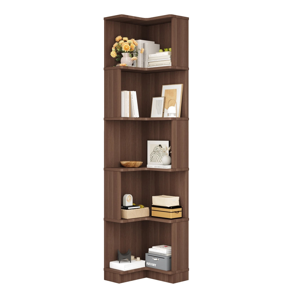 Libreria angolare a L con illuminazione LED, 63,5 x 45 x 175 cm, 5 ripiani, marrone