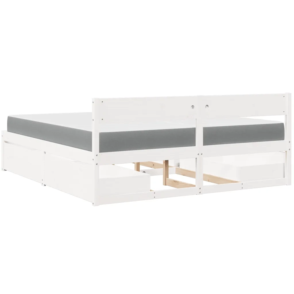 Letto Cassetti e Materasso Bianco 200x200cm Legno Massello Pino